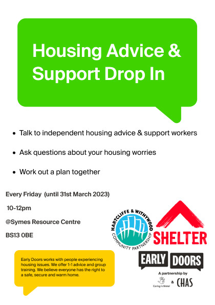 A5 flyer with information about the Hartcliffe housing advice drop in